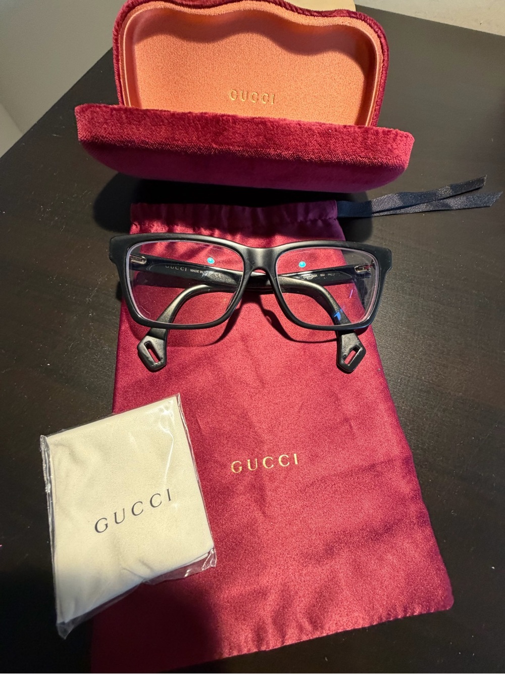 Gucci Black Rectangular Eyeglasses with Burgundy Case and Pouch